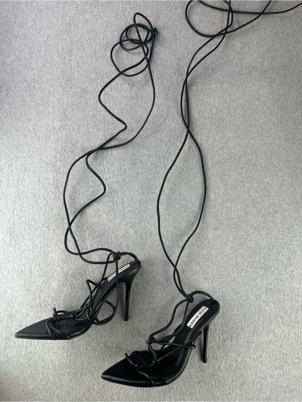 Steve Madden Very Long Lace Up Black Stilletto Knot Heels Size 6 Made In Spain